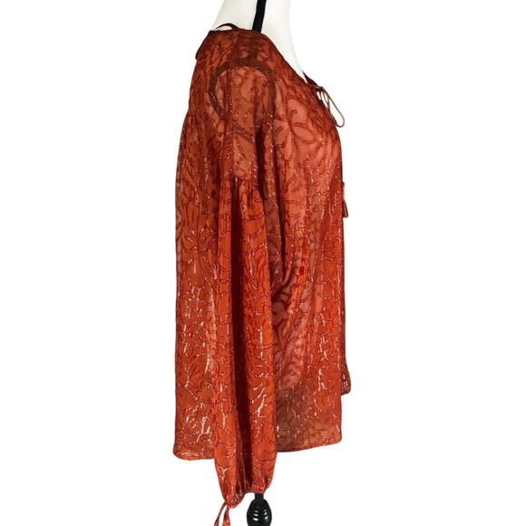Lane Bryant Blouse Womens 14/16 Burnt Orange Sheer Boho Peasant Top Long Sleeve - Picture 5 of 11